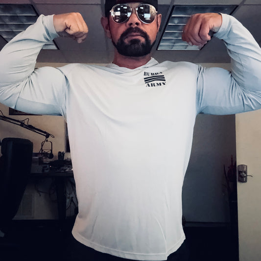 Huk Inspired Bubba Army UV fishing sun shirt hooded Grey Harbor Mist color