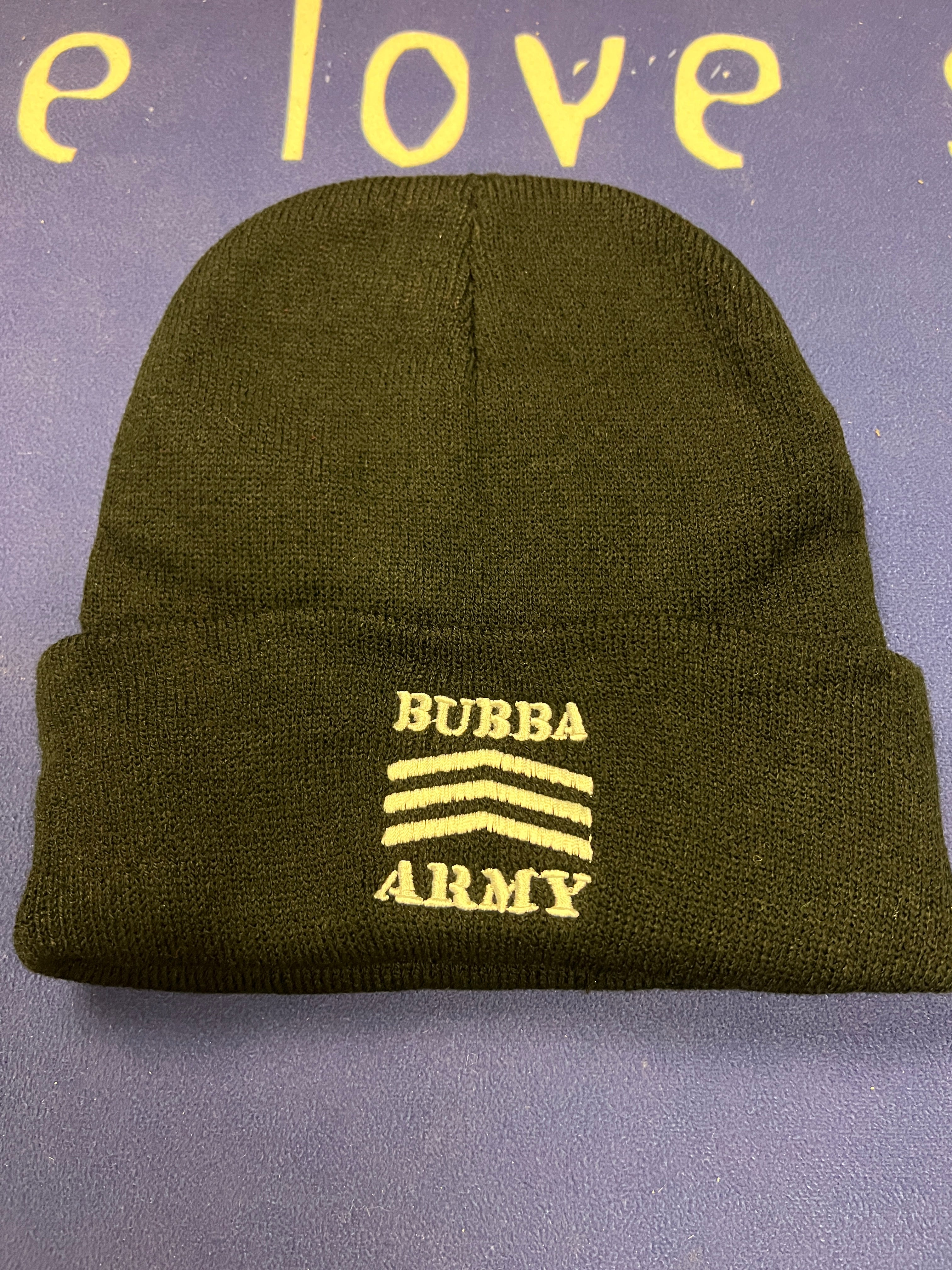 Black Custom Bubba Army Beanie with logo embroidered on cuff.