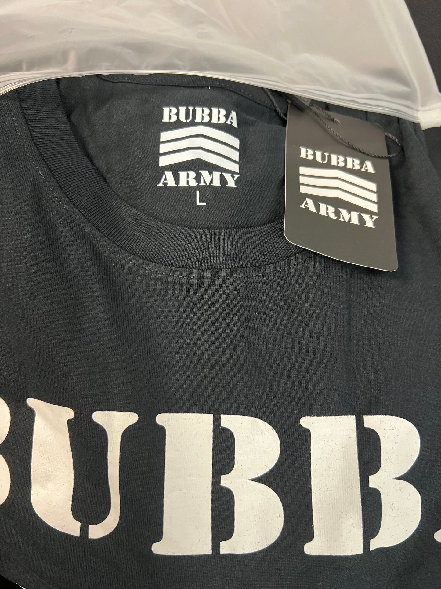 NEW STOCK BUBBA ARMY LABEL -Bubba Army Black Short Sleeve T-Shirt - Original traditional Authentic (QR code back)
