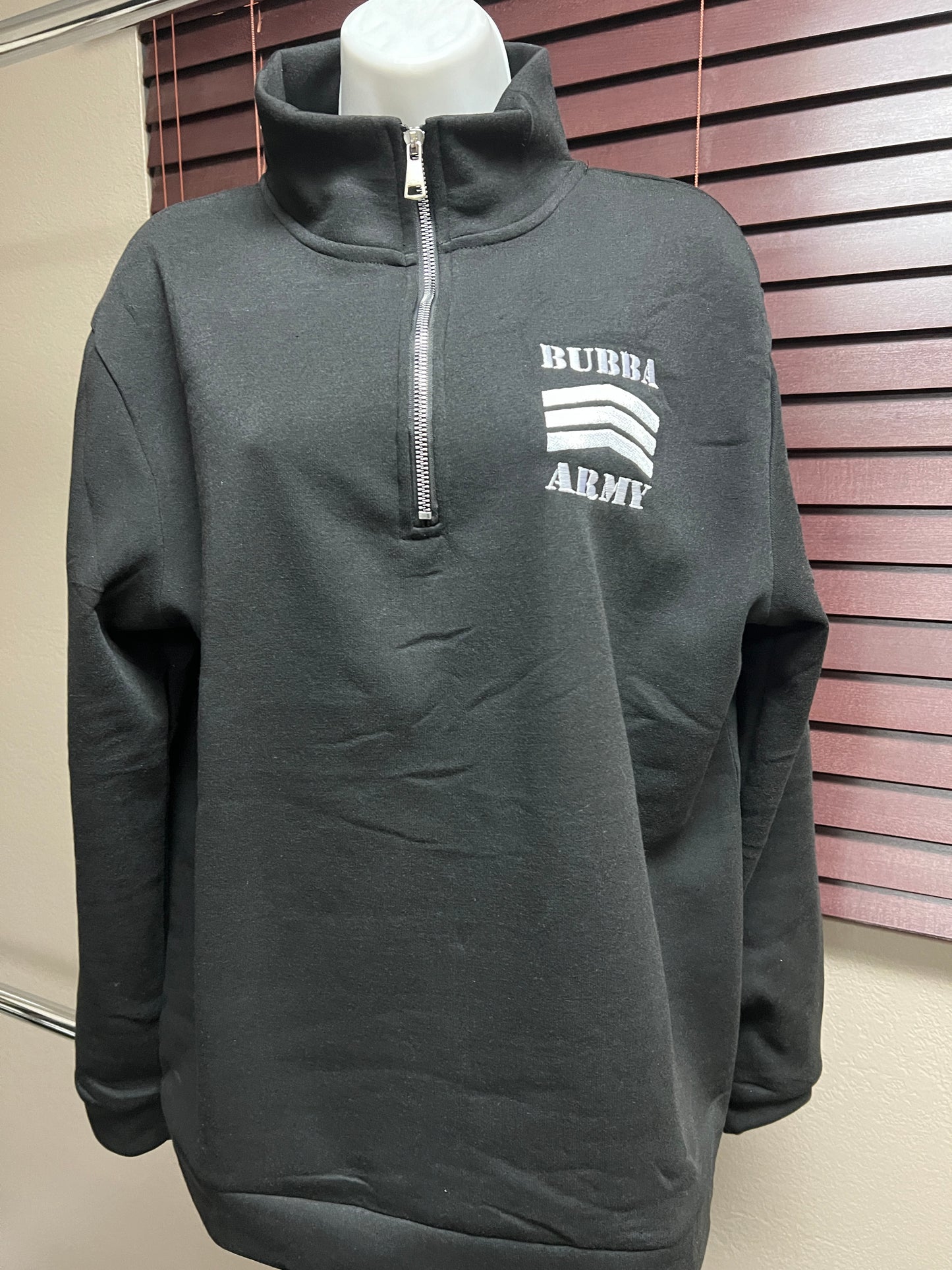 Custom embroidered Bubba Army black 3/4 zip sweatshirt pullover. Black polyester with white embroidered Bubba Army logo on left chest.