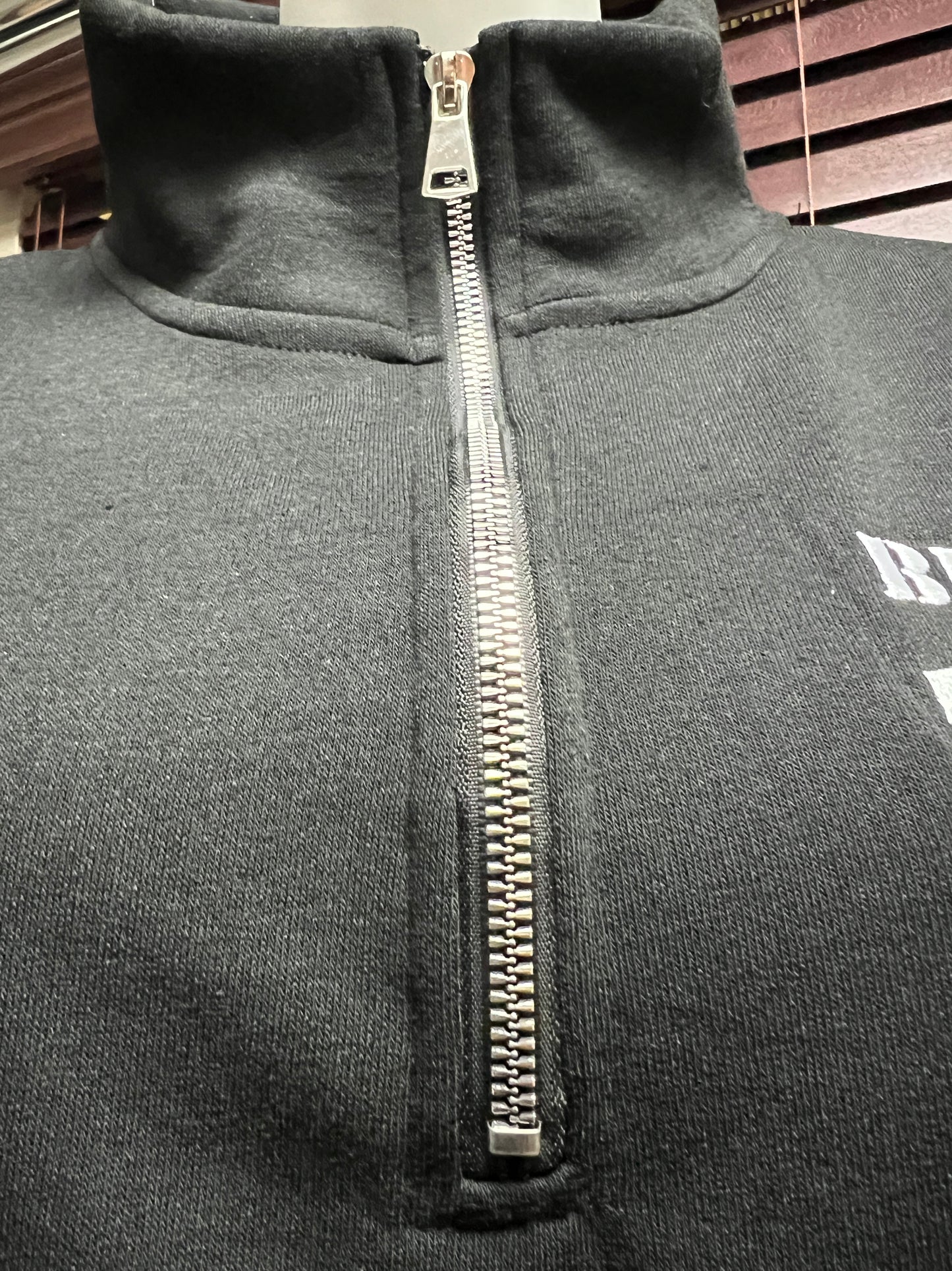 Custom embroidered Bubba Army black 3/4 zip sweatshirt pullover. Black polyester with white embroidered Bubba Army logo on left chest.