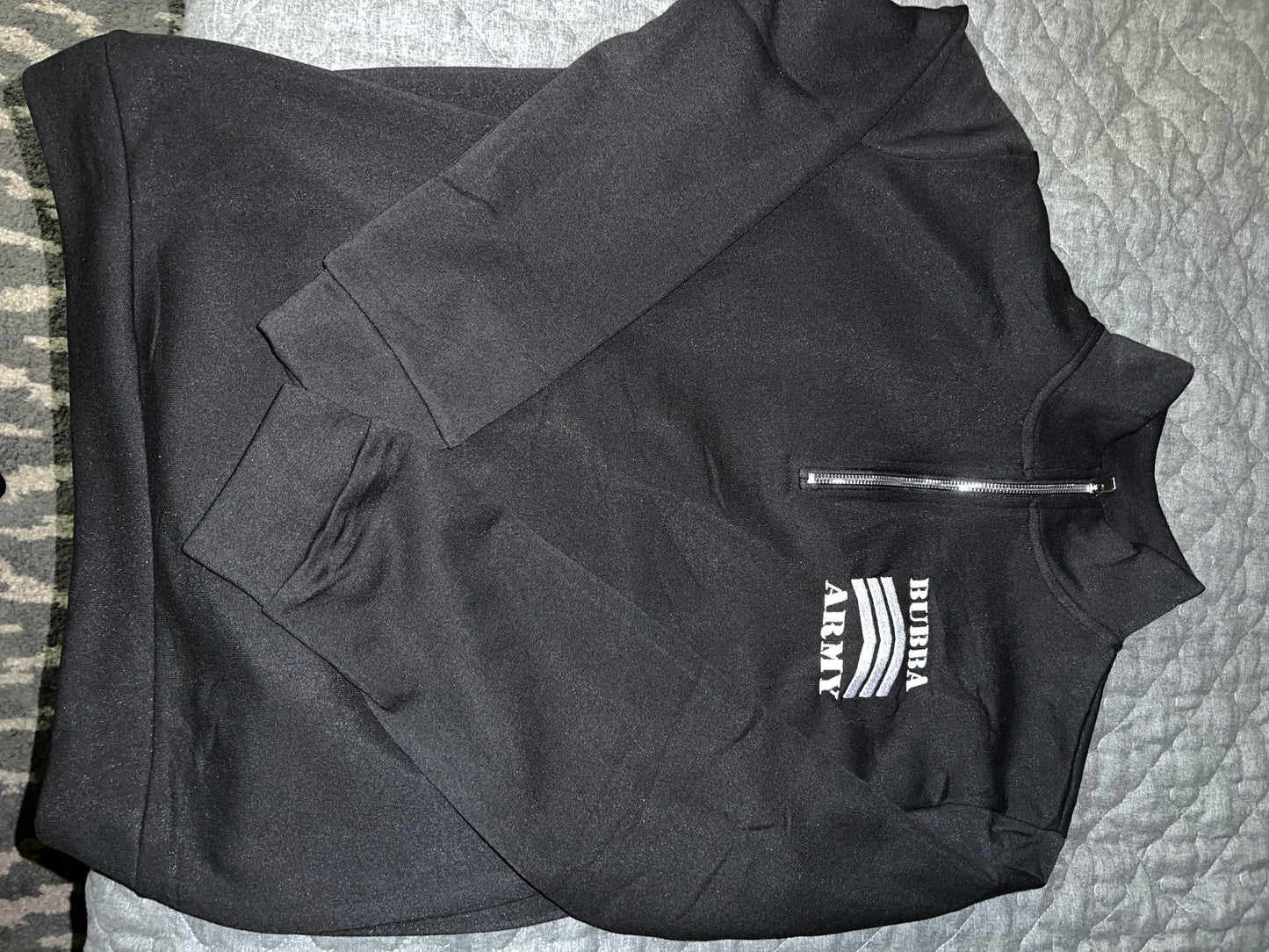 Custom embroidered Bubba Army black 3/4 zip sweatshirt pullover. Black polyester with white embroidered Bubba Army logo on left chest.