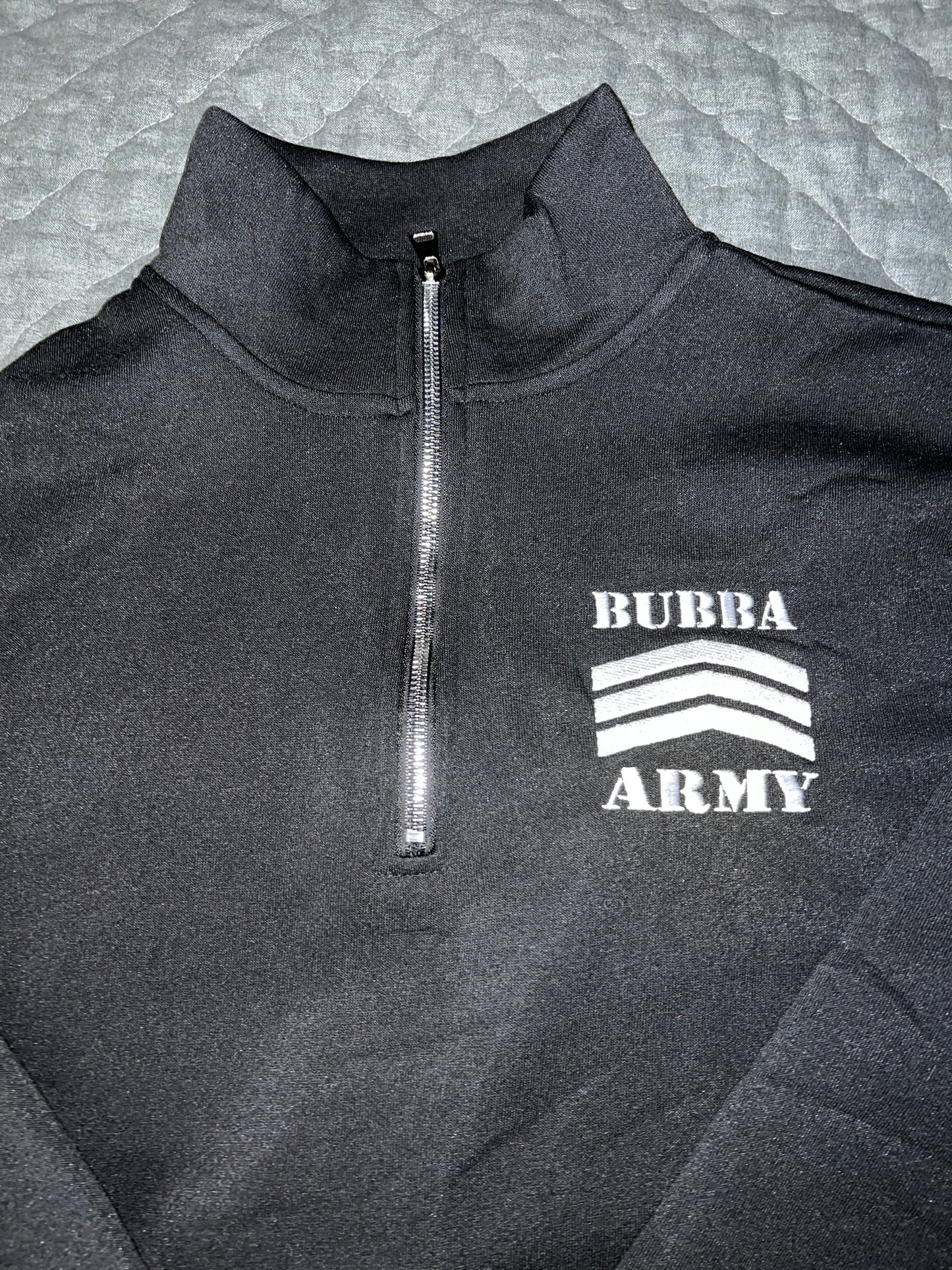 Custom embroidered Bubba Army black 3/4 zip sweatshirt pullover. Black polyester with white embroidered Bubba Army logo on left chest.
