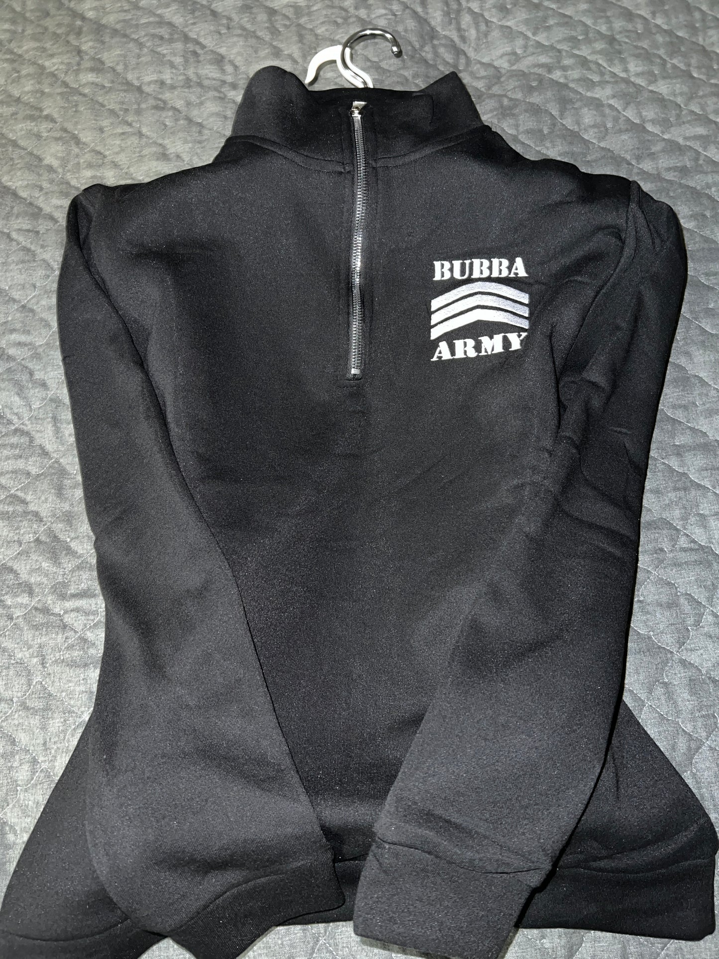Custom embroidered Bubba Army black 3/4 zip sweatshirt pullover. Black polyester with white embroidered Bubba Army logo on left chest.