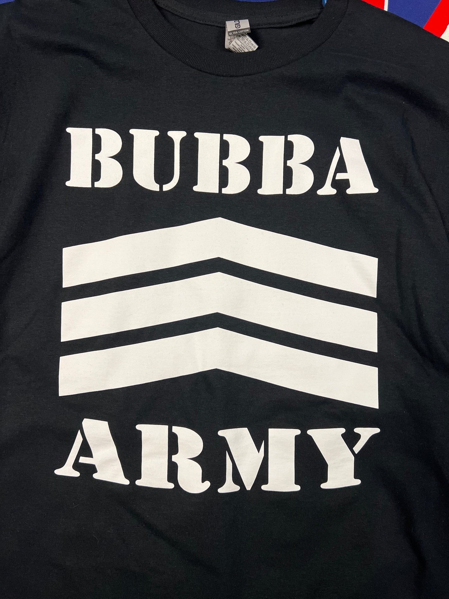 NEW STOCK BUBBA ARMY LABEL -Bubba Army Black Short Sleeve T-Shirt - Original traditional Authentic (QR code back)