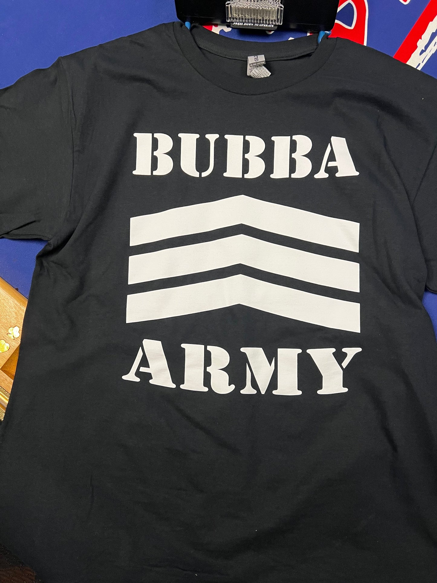 NEW STOCK BUBBA ARMY LABEL -Bubba Army Black Short Sleeve T-Shirt - Original traditional Authentic (QR code back)