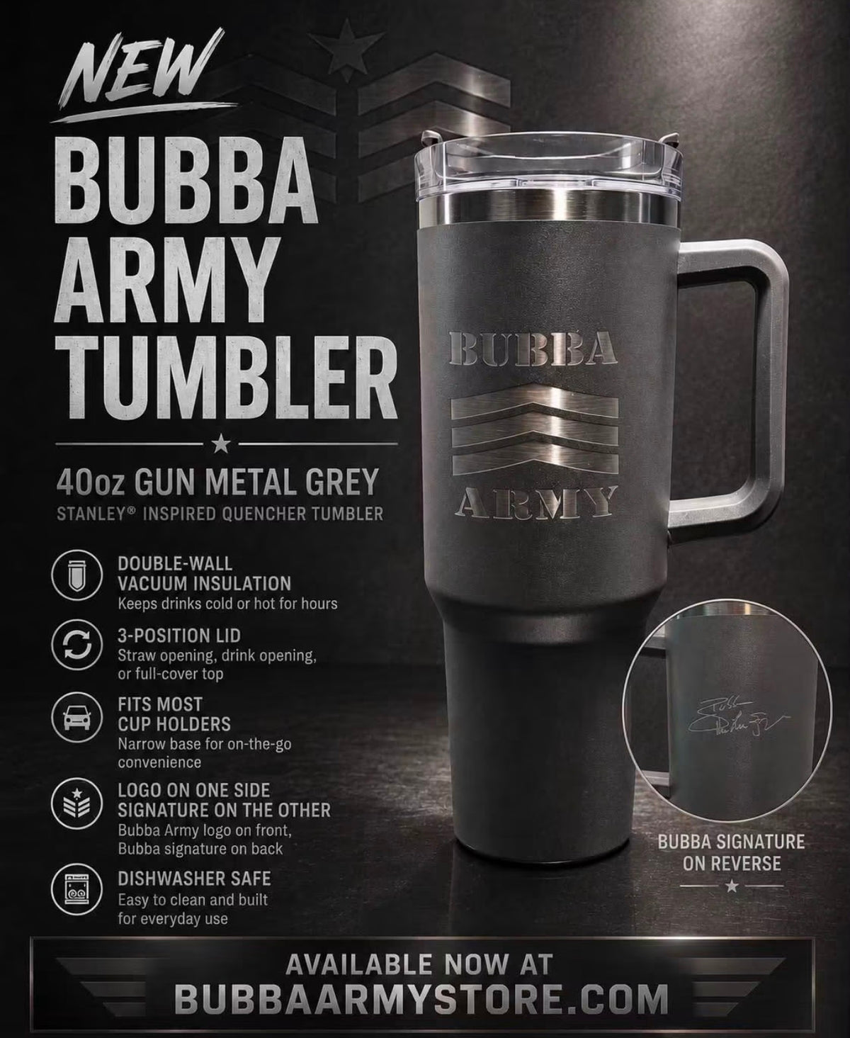 2026 Gun Metal Grey Bubba Army Tumbler 40oz Stanley Inspired