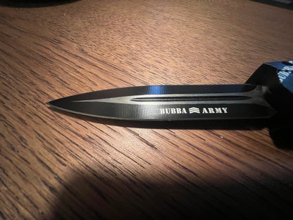 Retractable 9” hunting knife- Custom Bubba Army Logo on blade black sleeve case included