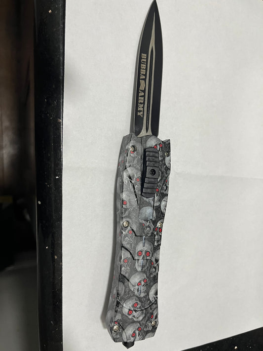 Retractable 9” hunting knife- Custom Bubba Army Logo on blade black skulls on handle, sleeve case included