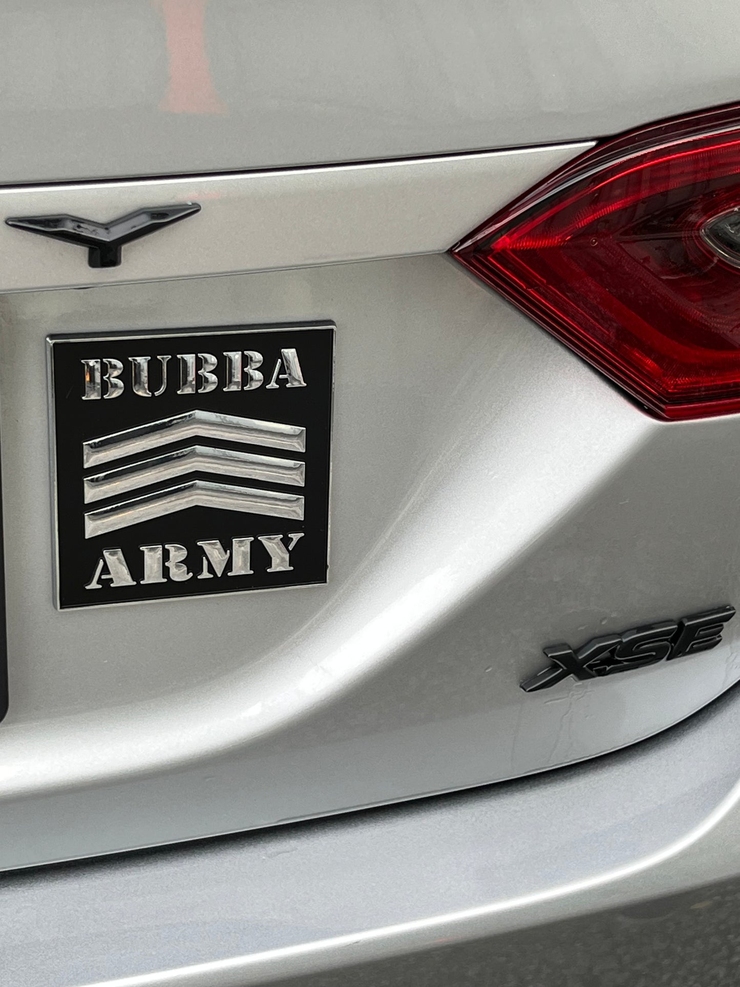Limited Edition Bubba Army ABS Car Emblem 4”x4” with raised chromed logo / black background with 3m adhesive