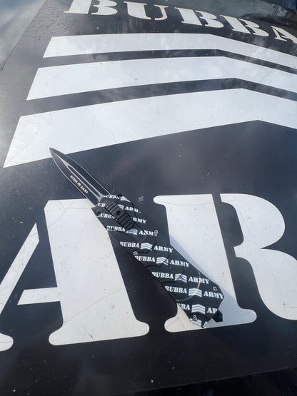 Retractable 9” hunting knife- Custom Bubba Army Logo on blade black sleeve case included