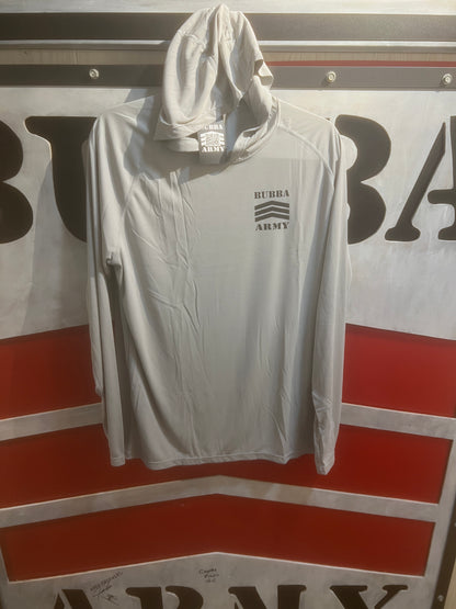 Huk Inspired Bubba Army UV fishing sun shirt hooded Grey Harbor Mist color