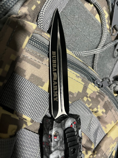 Retractable 9” hunting knife- Custom Bubba Army Logo on blade black skulls on handle, sleeve case included