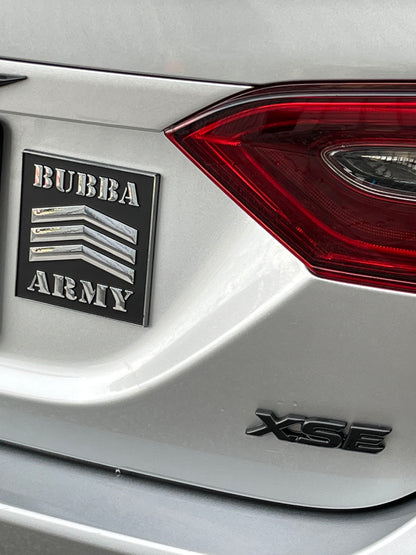 Limited Edition Bubba Army ABS Car Emblem 4”x4” with raised chromed logo / black background with 3m adhesive