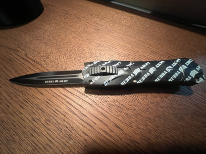 Retractable 9” hunting knife- Custom Bubba Army Logo on blade black sleeve case included