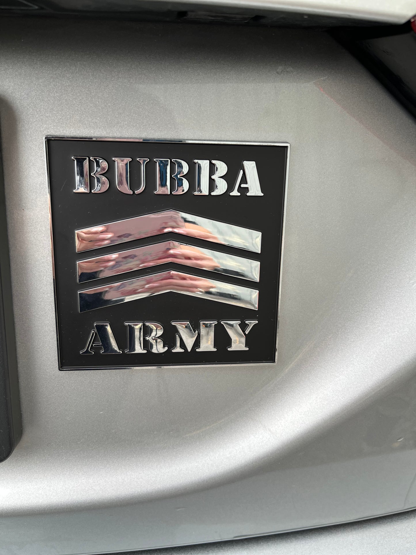 Limited Edition Bubba Army ABS Car Emblem 4”x4” with raised chromed logo / black background with 3m adhesive