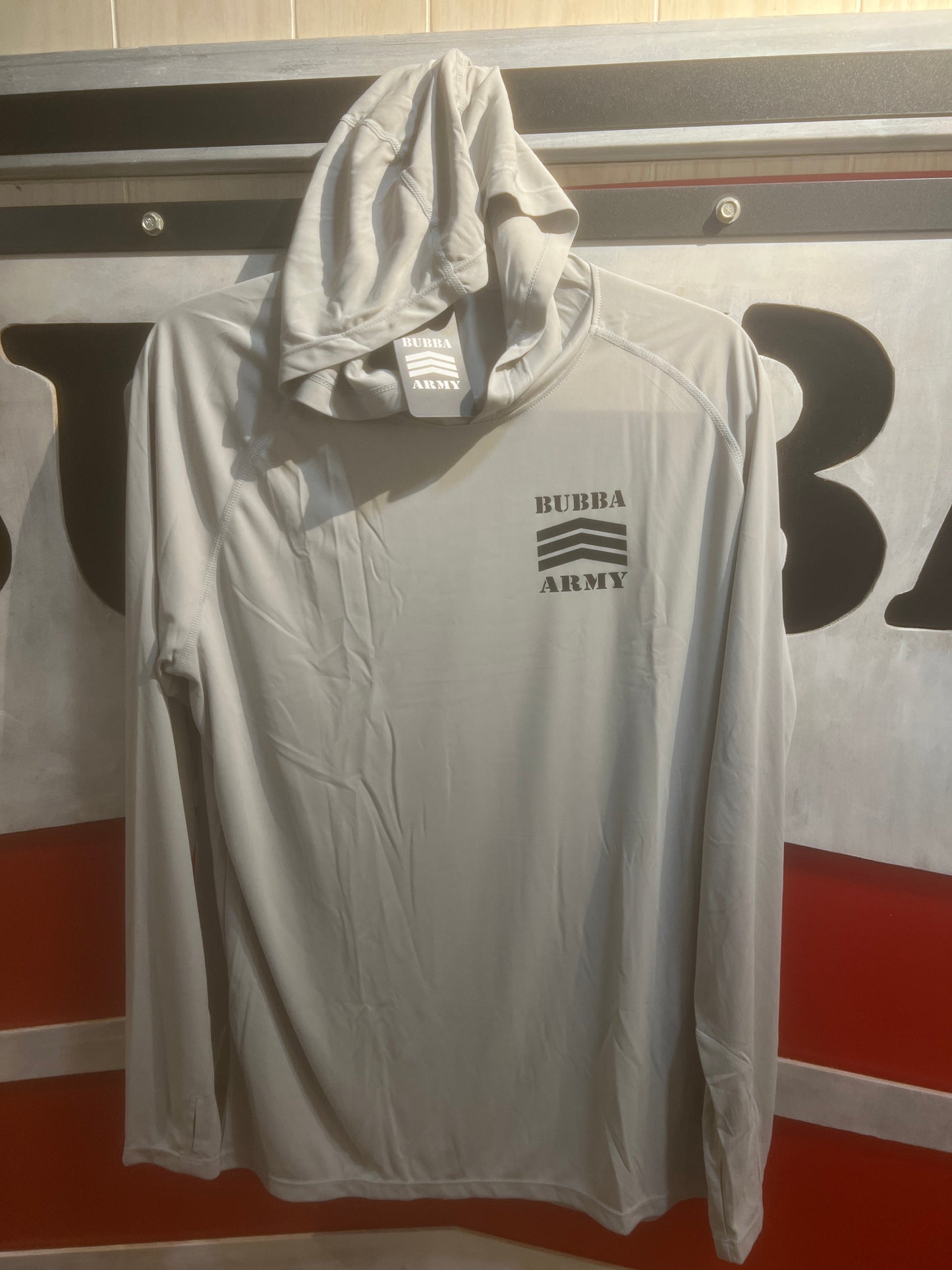 Huk Inspired Bubba Army UV fishing sun shirt hooded Grey Harbor Mist color