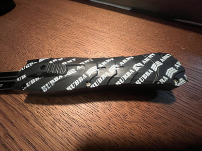 Retractable 9” hunting knife- Custom Bubba Army Logo on blade black sleeve case included