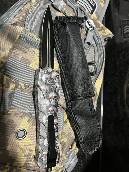 Retractable 9” hunting knife- Custom Bubba Army Logo on blade black skulls on handle, sleeve case included