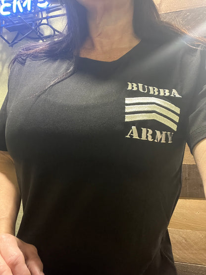 Bubba Army Dry Fit 95% polyester 5% spandex Black short sleeve shirt with white logo embroidered