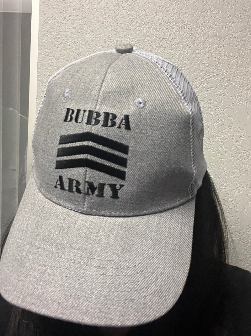 New Bubba Army label Adult Grey / white mesh snap back hat with black Bubba Army Logo