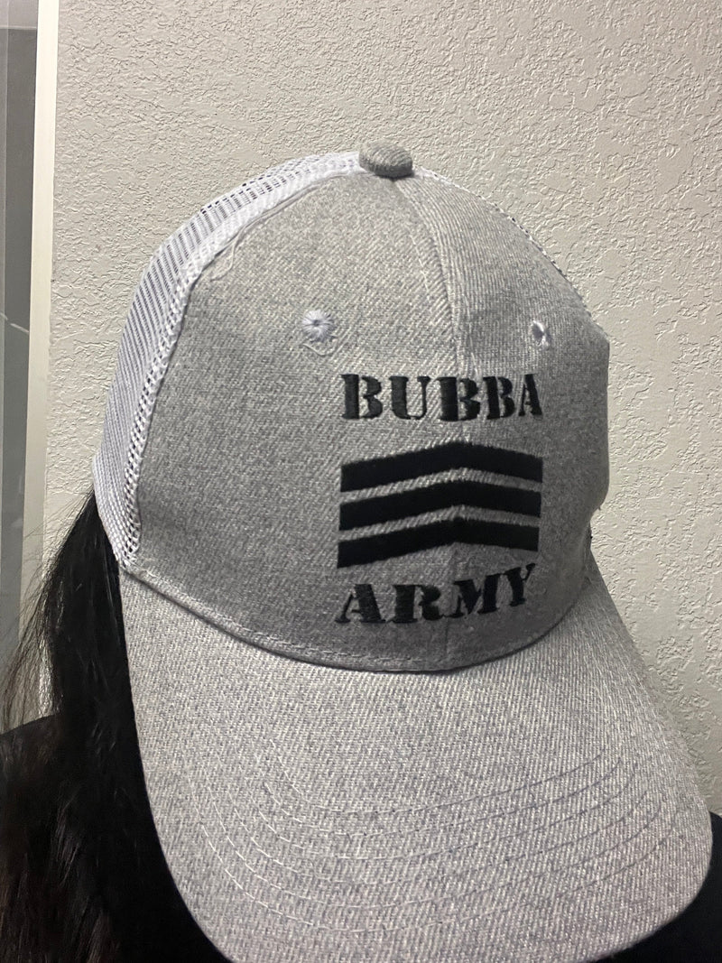 New Bubba Army label Adult Grey / white mesh snap back hat with black Bubba Army Logo