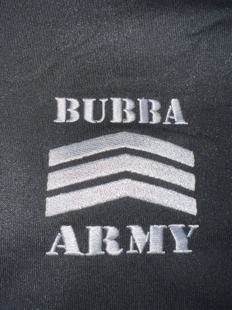 Custom embroidered Bubba Army black 3/4 zip sweatshirt pullover. Black polyester with white embroidered Bubba Army logo on left chest.