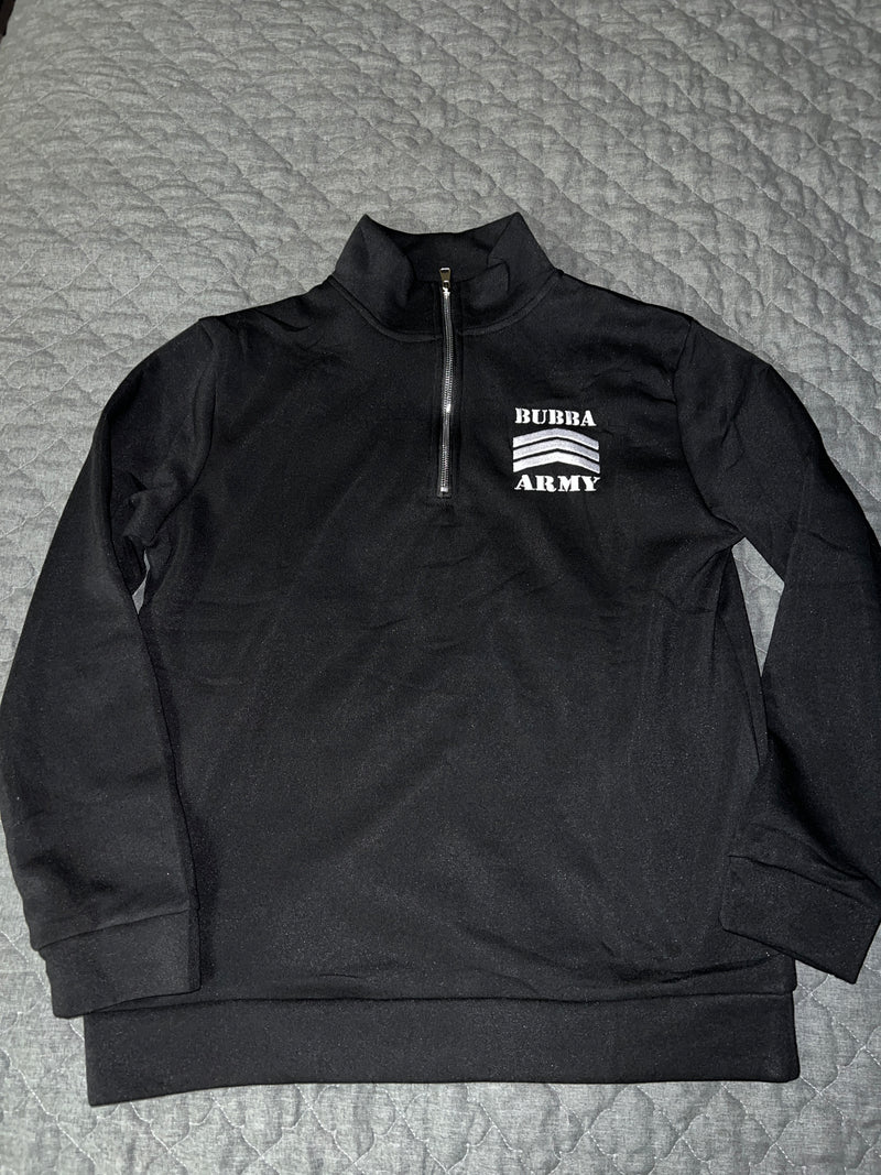 Custom embroidered Bubba Army black 3/4 zip sweatshirt pullover. Black polyester with white embroidered Bubba Army logo on left chest.