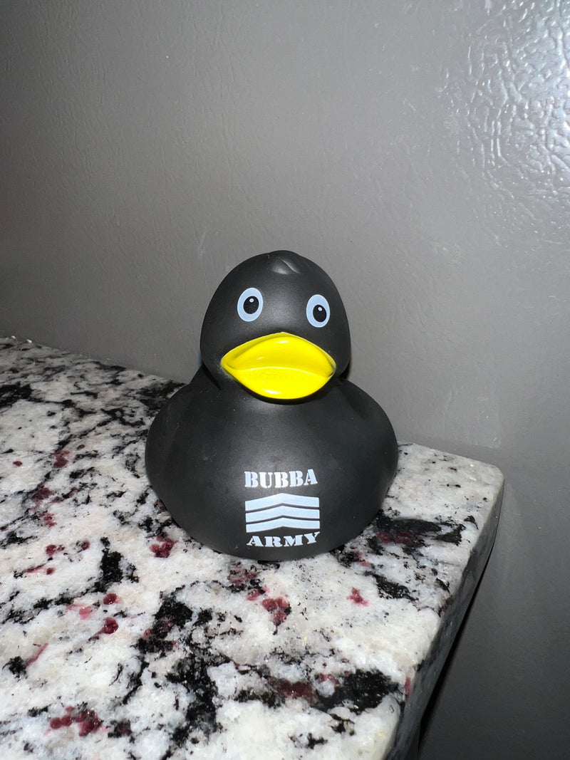Bubba Army Rubber Duck Jeep Cat decoration. QR code tail. Squeaky bath toy