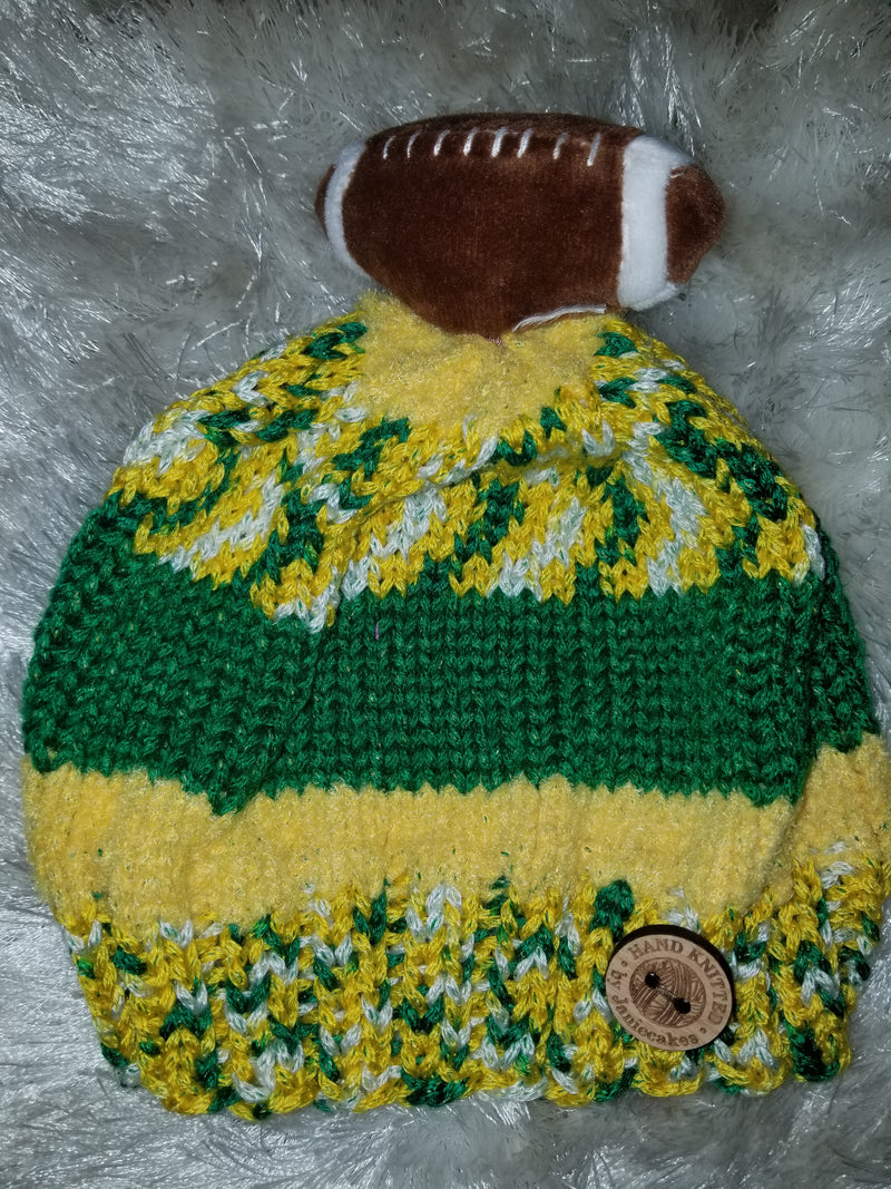 Wool Green/Yellow Football Pom Pom Knitted Cap Handmade by Janie Cake's Beanie Hat