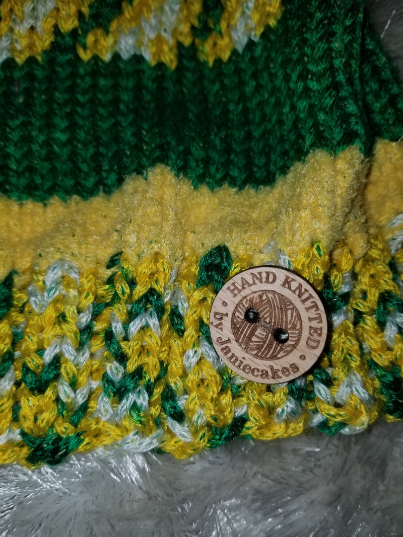 Wool Green/Yellow Football Pom Pom Knitted Cap Handmade by Janie Cake's Beanie Hat