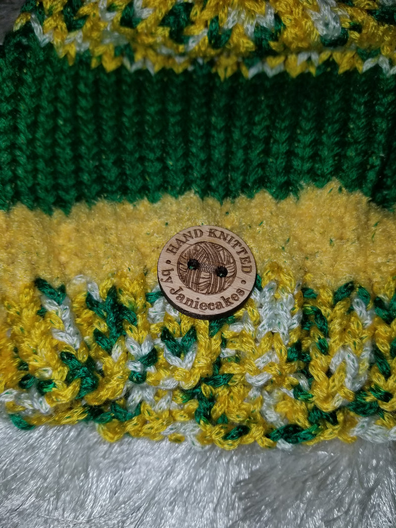 Wool Green/Yellow Football Pom Pom Knitted Cap Handmade by Janie Cake's Beanie Hat