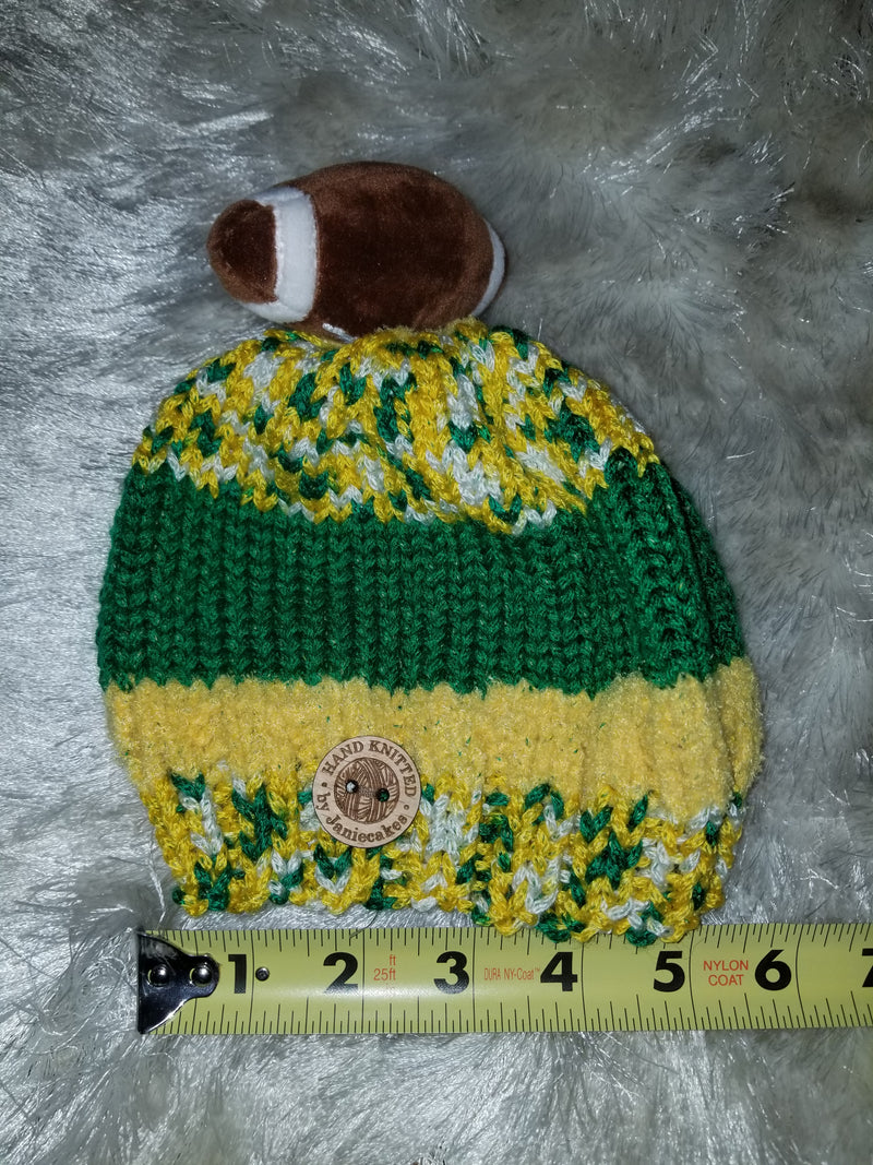Wool Green/Yellow Football Pom Pom Knitted Cap Handmade by Janie Cake's Beanie Hat