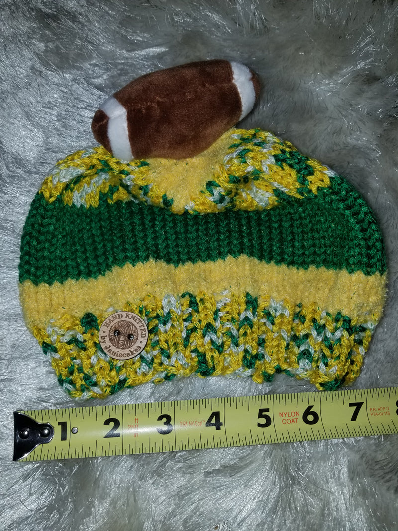 Wool Green/Yellow Football Pom Pom Knitted Cap Handmade by Janie Cake's Beanie Hat