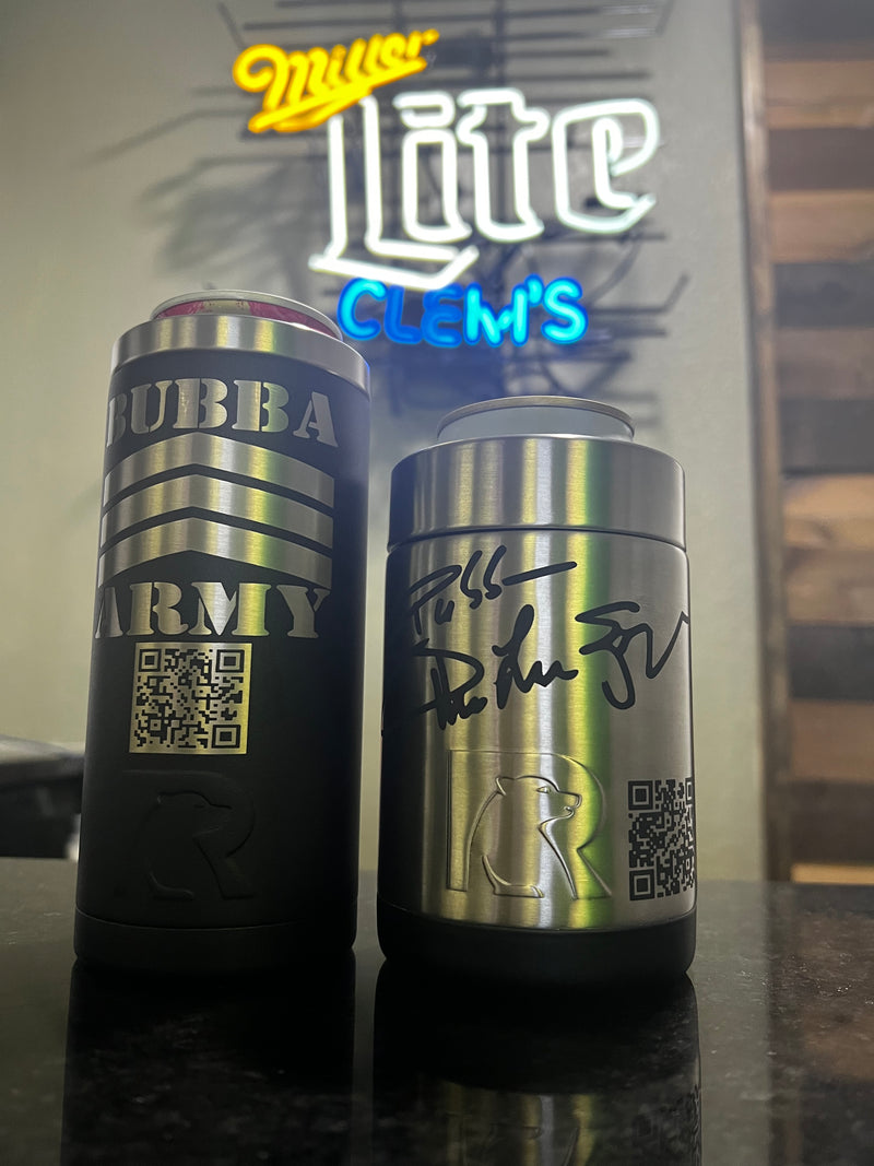 NEW Charcoal black BUBBA ARMY RTIC Skinny Can cooler, Signature series with QR CODE - CUSTOMIZED