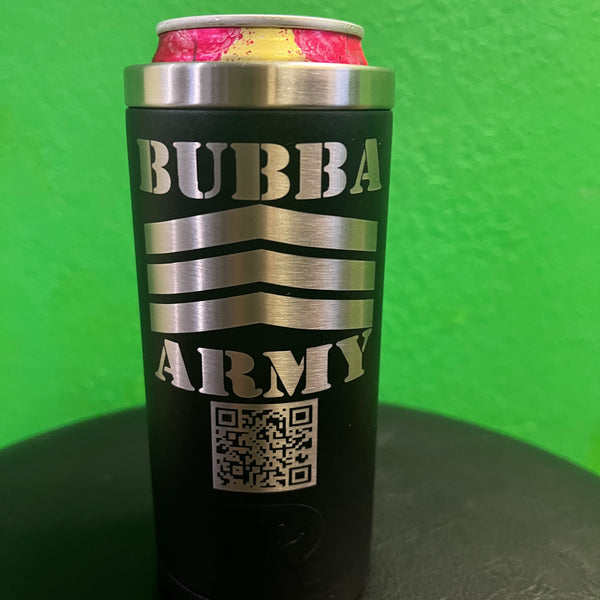 NEW Charcoal black BUBBA ARMY RTIC Skinny Can cooler, Signature series with  QR CODE - CUSTOMIZED