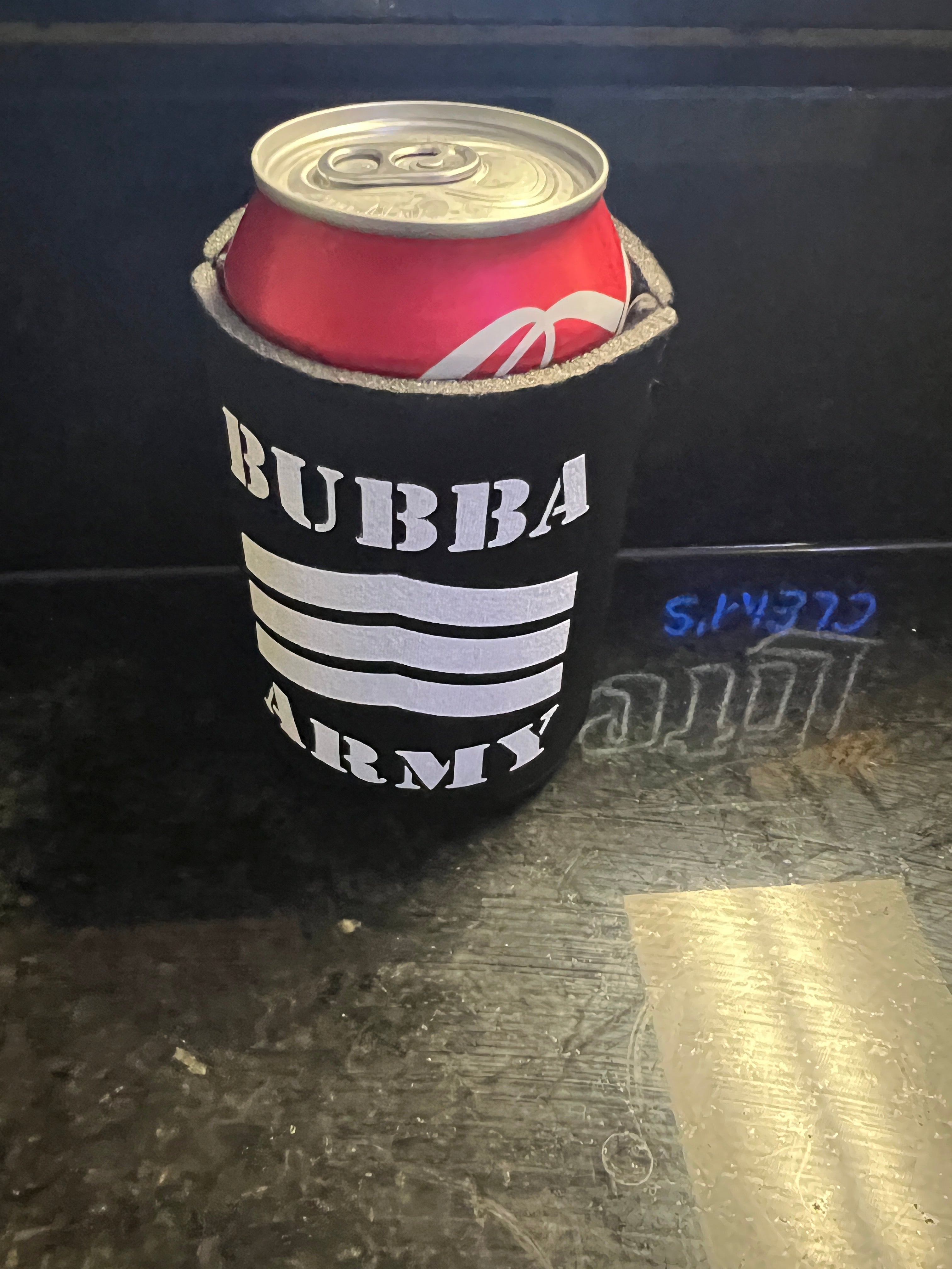 Black Neoprene BUBBA ARMY 12oz beer / soda Koozies Cooler - 2 sided QR